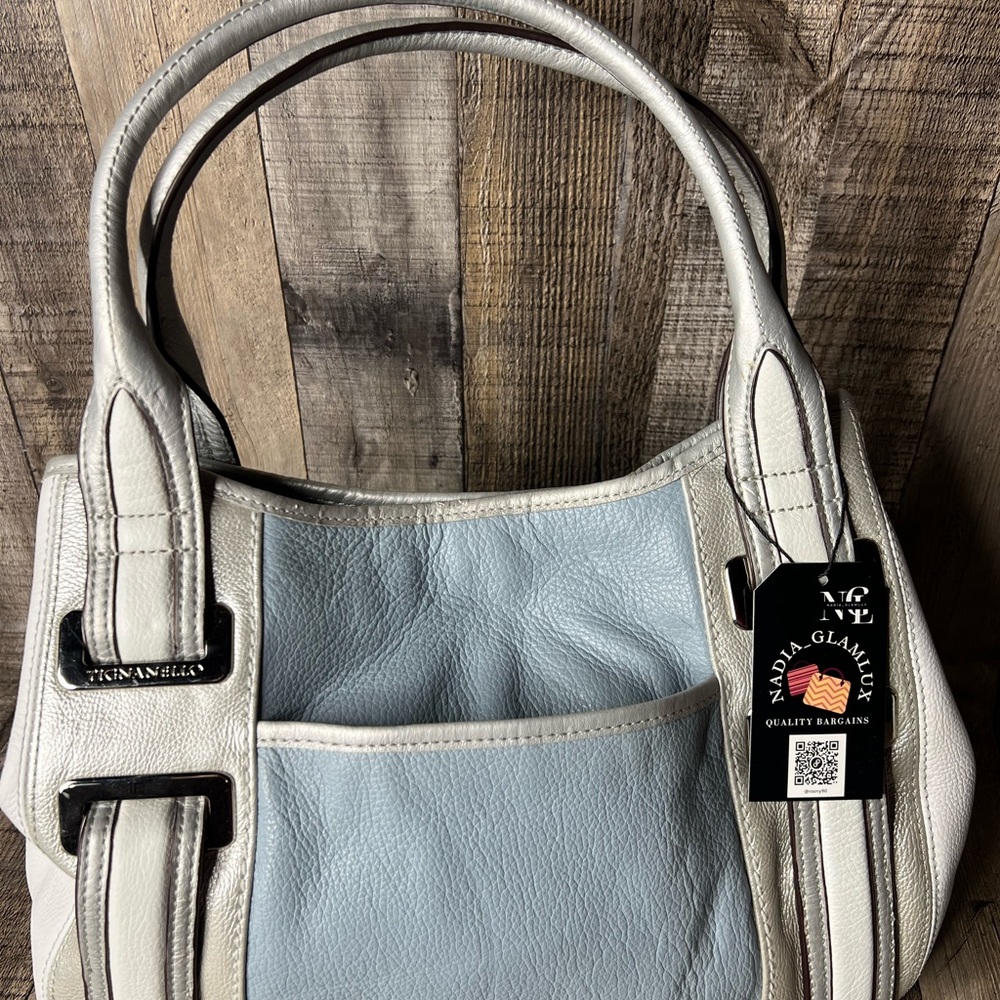 TIGNANELLO Silver Blue Colorblock Leather Satchel Shoulder Bag Belt Accents - Picture 3 of 16